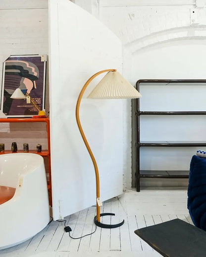 Caprani Wood Floor Lamp, Mid-Century Beechwood Stem, Linen Shade, Plug-In
