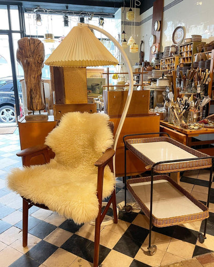 Caprani Wood Floor Lamp, Mid-Century Beechwood Stem, Linen Shade, Plug-In