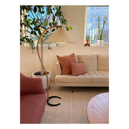 Caprani Wood Floor Lamp, Mid-Century Beechwood Stem, Linen Shade, Plug-In