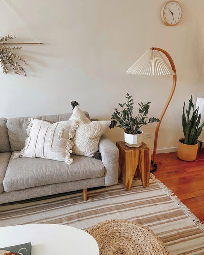 Caprani Wood Floor Lamp, Mid-Century Beechwood Stem, Linen Shade, Plug-In