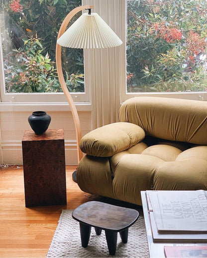 Caprani Wood Floor Lamp, Mid-Century Beechwood Stem, Linen Shade, Plug-In
