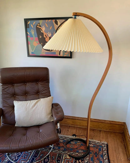 Caprani Wood Floor Lamp, Mid-Century Beechwood Stem, Linen Shade, Plug-In