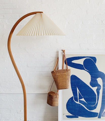 Caprani Wood Floor Lamp, Mid-Century Beechwood Stem, Linen Shade, Plug-In