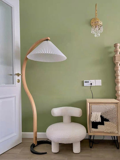 Caprani Wood Floor Lamp, Mid-Century Beechwood Stem, Linen Shade, Plug-In