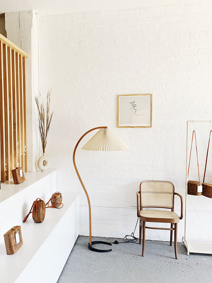 Caprani Wood Floor Lamp, Mid-Century Beechwood Stem, Linen Shade, Plug-In