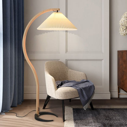 Caprani Wood Floor Lamp, Mid-Century Beechwood Stem, Linen Shade, Plug-In