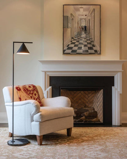 Captain Flint Modern Floor Lamp, Carrara Marble Base, Spinning Cone Diffuser, Foot Switch