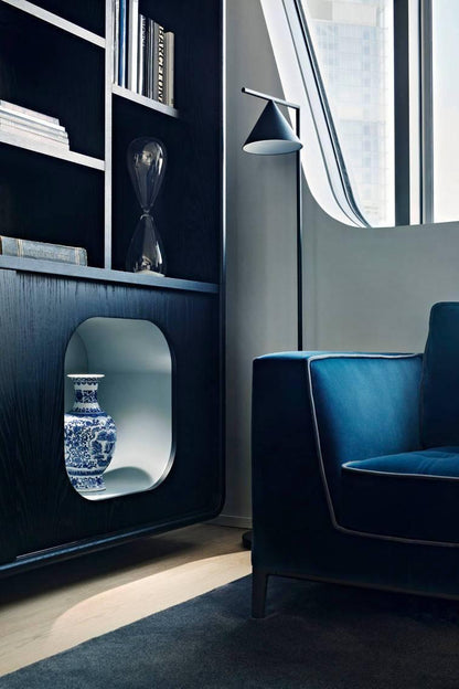 Captain Flint Modern Floor Lamp, Carrara Marble Base, Spinning Cone Diffuser, Foot Switch