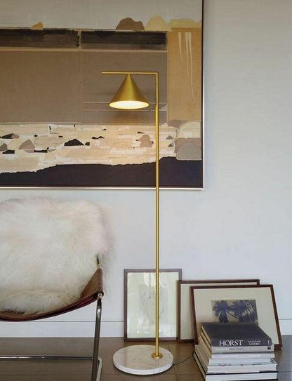 Captain Flint Modern Floor Lamp, Carrara Marble Base, Spinning Cone Diffuser, Foot Switch
