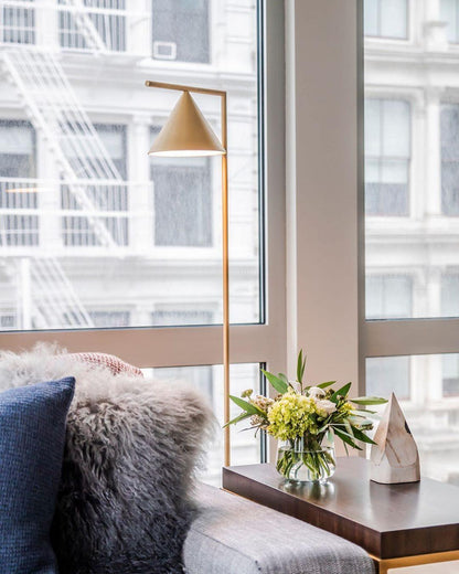 Captain Flint Modern Floor Lamp, Carrara Marble Base, Spinning Cone Diffuser, Foot Switch