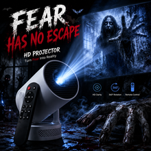 Halloween smart projector on an adjustable swivel base projecting a ghostly scene