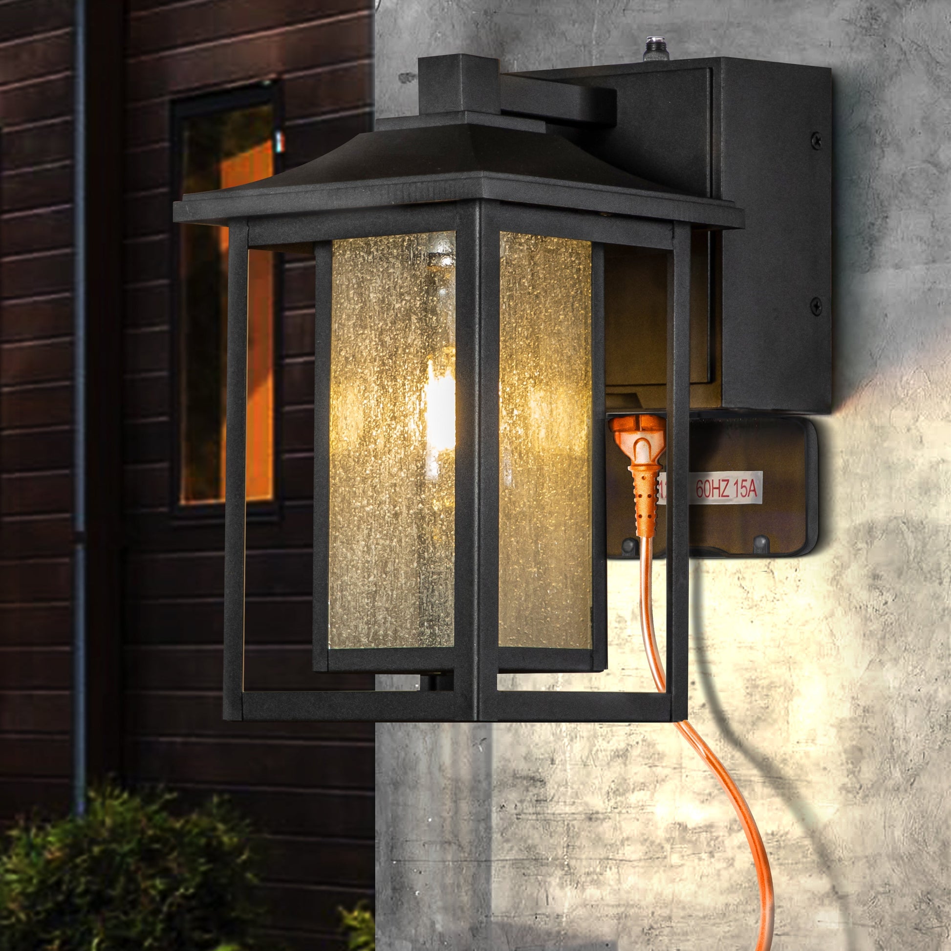 Harlow Outdoor Lantern, Dusk-to-Dawn Wall-Mount, Built-In GFCI Outlets, IP44