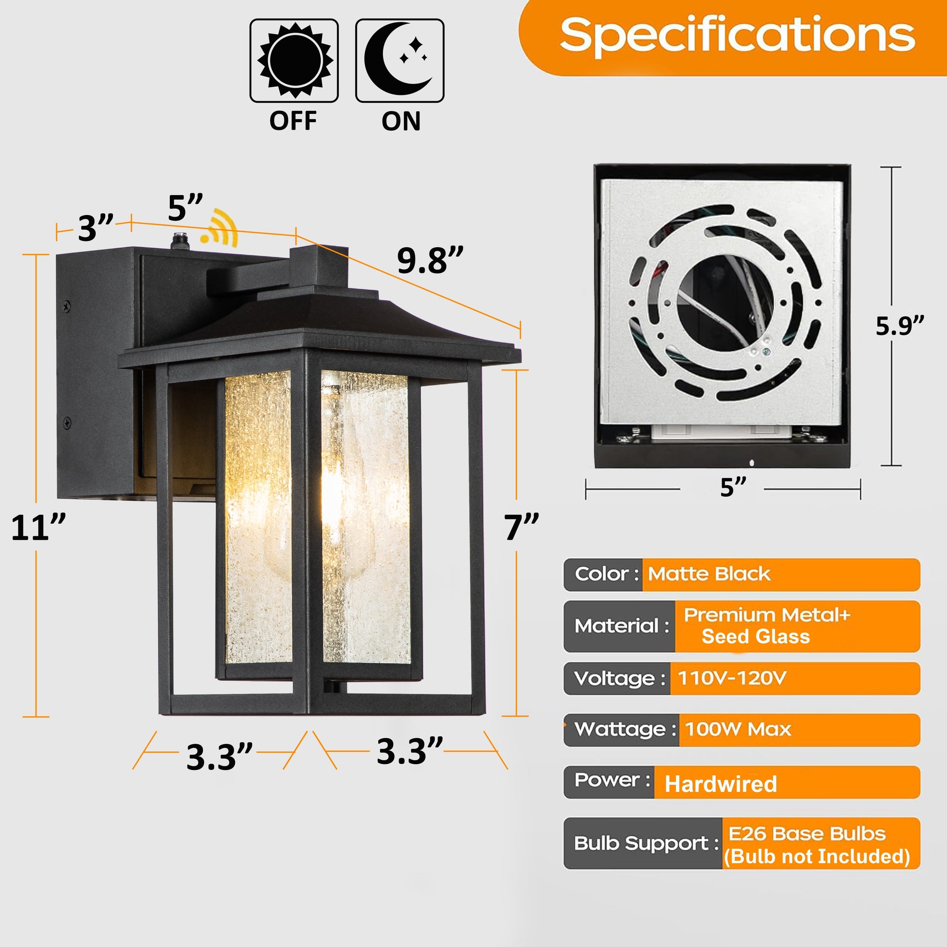 Harlow Outdoor Lantern, Dusk-to-Dawn Wall-Mount, Built-In GFCI Outlets, IP44