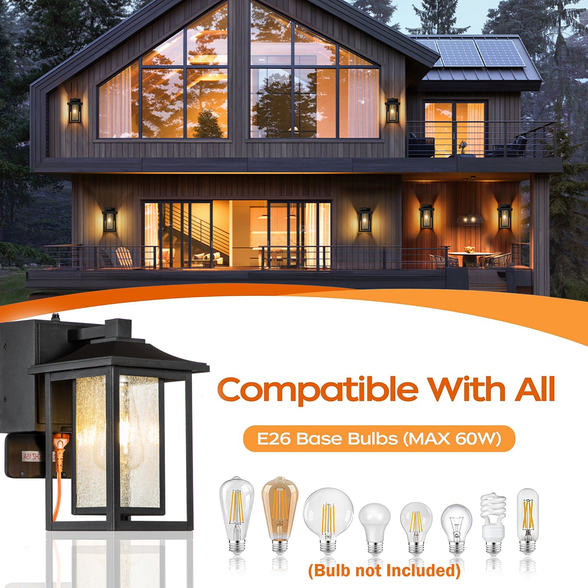 Harlow Outdoor Lantern, Dusk-to-Dawn Wall-Mount, Built-In GFCI Outlets, IP44