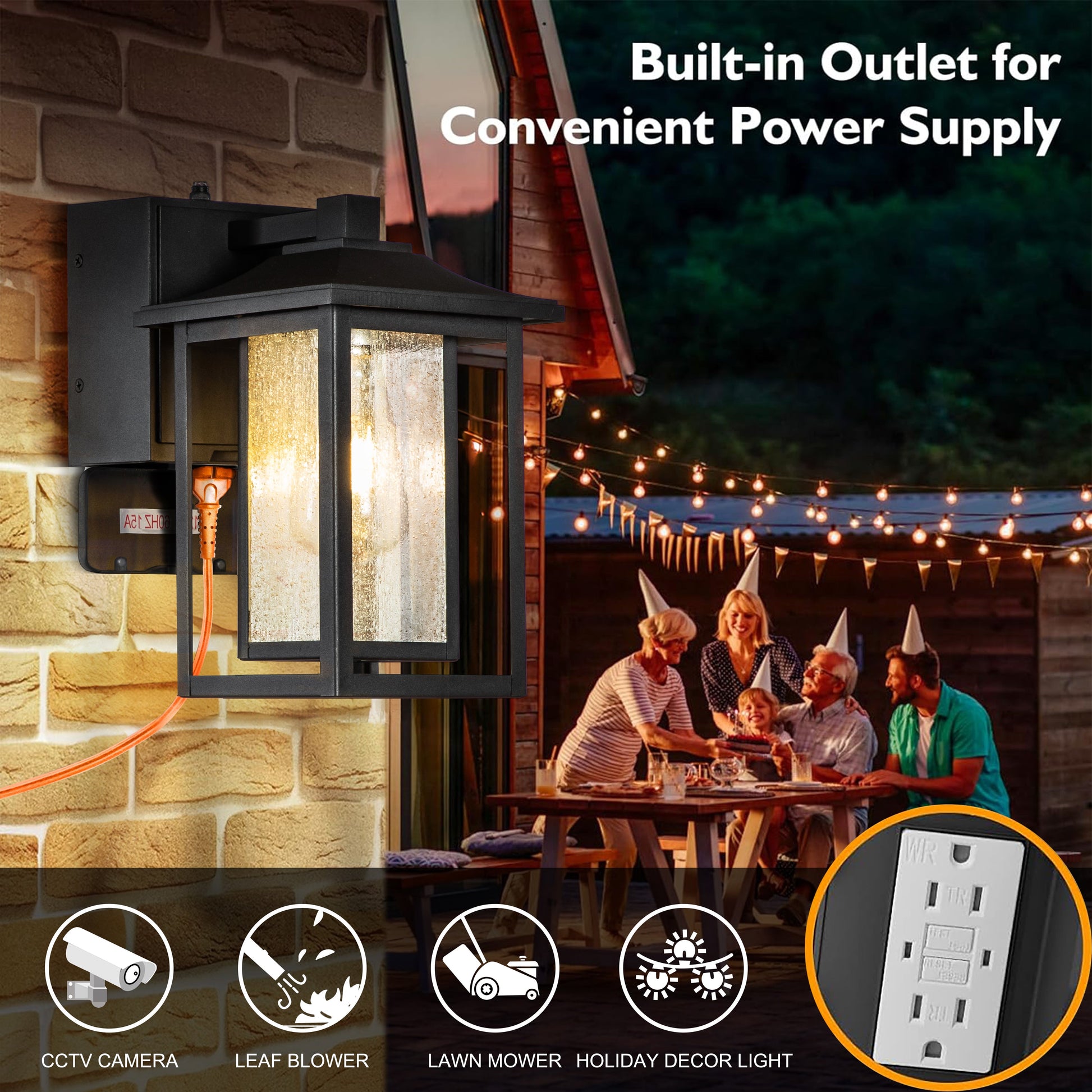 Harlow Outdoor Lantern, Dusk-to-Dawn Wall-Mount, Built-In GFCI Outlets, IP44