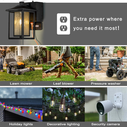 Harlow Outdoor Lantern, Dusk-to-Dawn Wall-Mount, Built-In GFCI Outlets, IP44