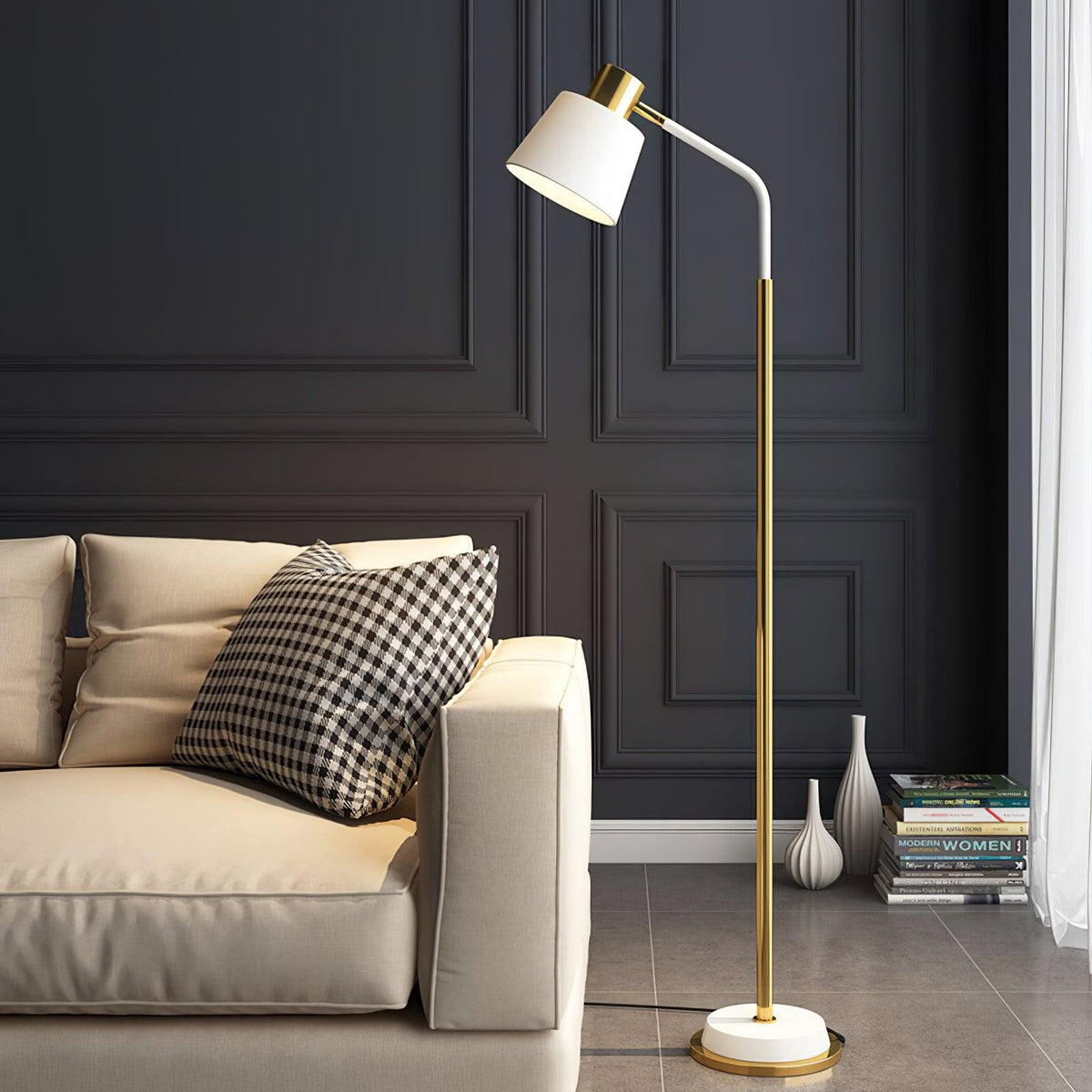 Emmental floor lamp gold body and black shade detail