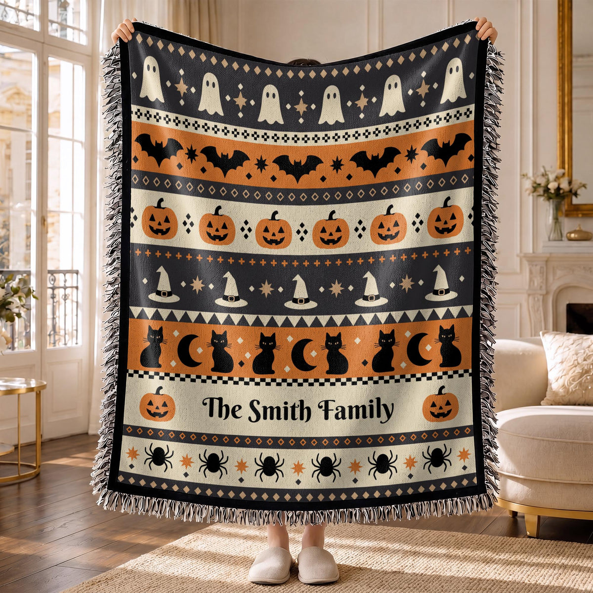 Personalized woven Halloween throw blanket with ghost, bat, pumpkin, and black cat pattern