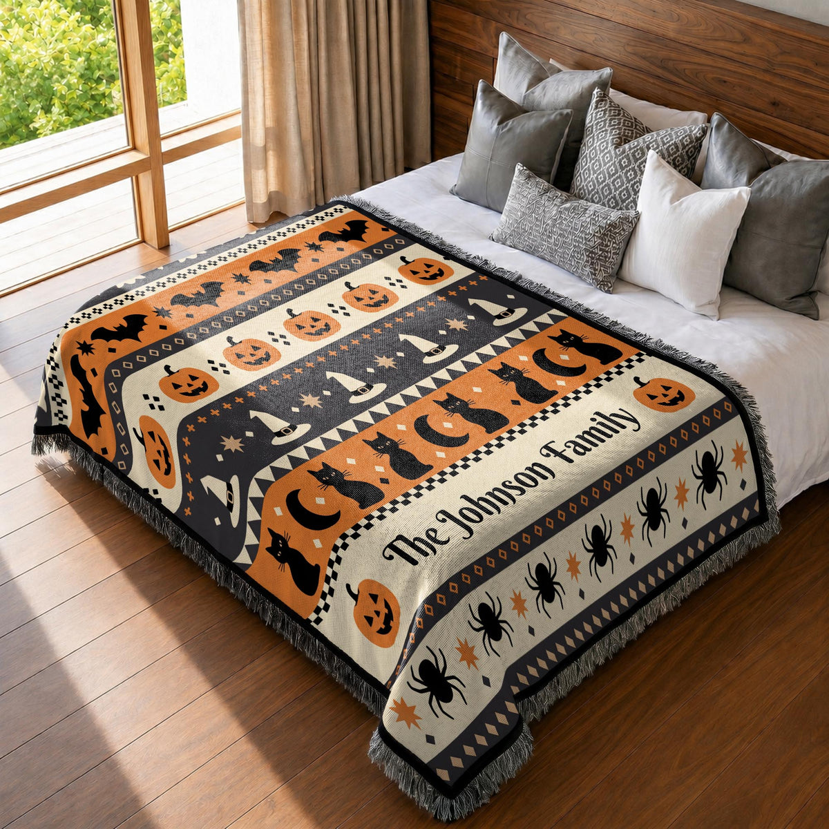 Personalized woven Halloween blanket with custom name text detail