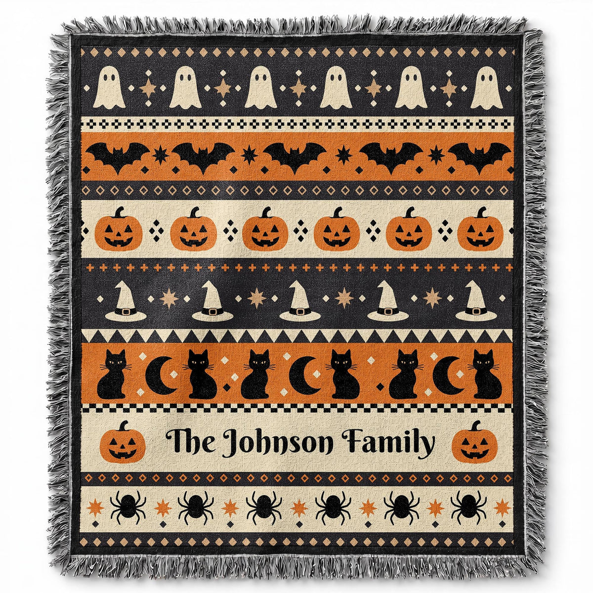 Personalized woven Halloween blanket draped over a chair