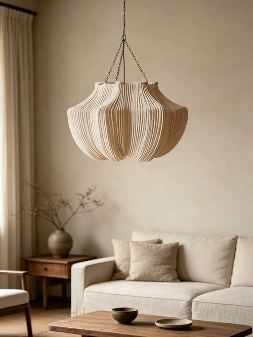 Aiko Pendant Lighting, Pleated Fabric Pendant Light, 3000K LED Bulb, Japandi Living Room