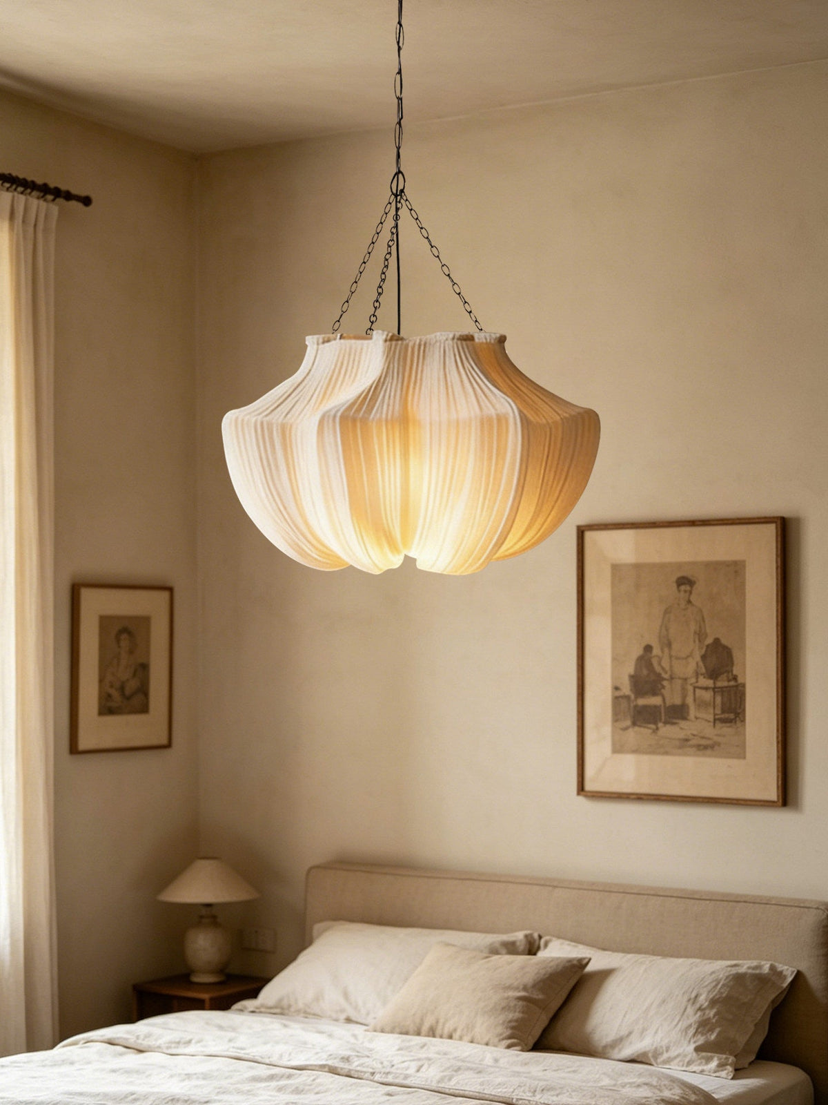 Aiko Pendant Lighting, Pleated Fabric Pendant Light, 3000K LED Bulb, Japandi Living Room