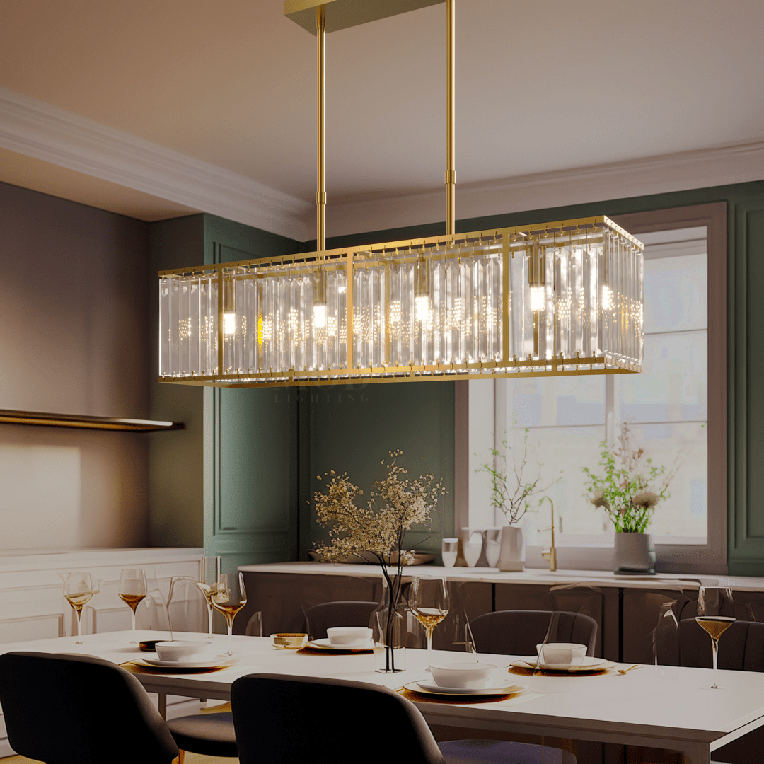 Celestine linear chandelier, close-up of the glass rod cage detail