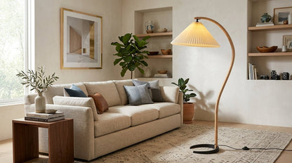 Caprani Wood Floor Lamp, Mid-Century Beechwood Stem, Linen Shade, Plug-In
