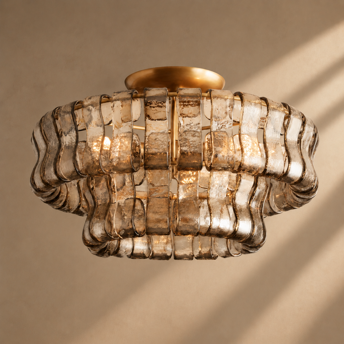 Salvio Flush Mount Ceiling Light, Curved Textured Glass, Plated Brass Finish, 3-Light, 18 Inch
