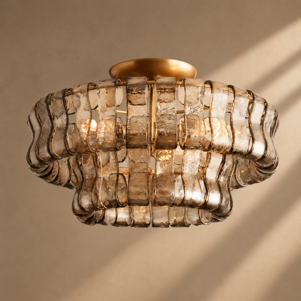 Salvio Flush Mount Ceiling Light, Curved Textured Glass, Plated Brass Finish, 3-Light, 18 Inch