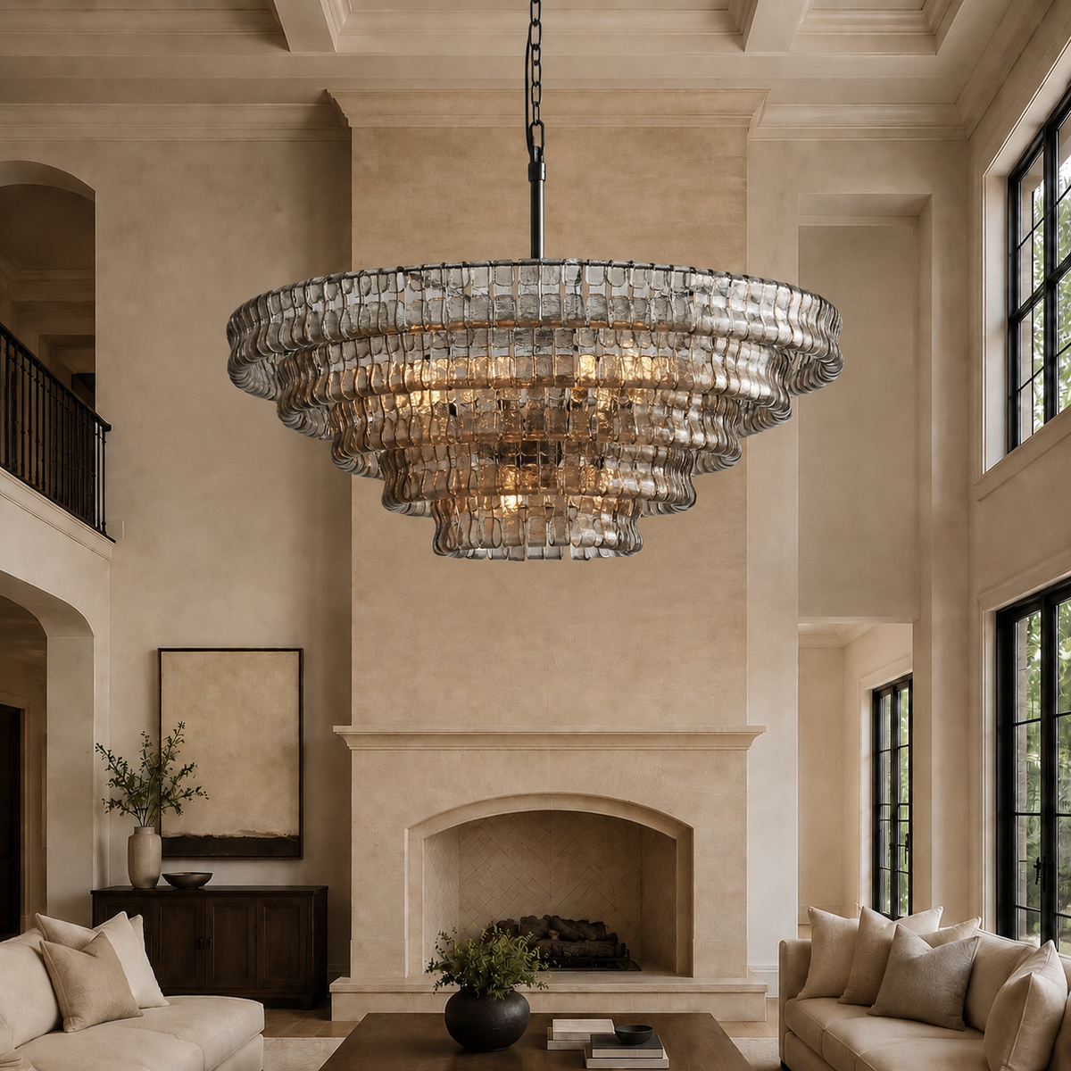 Skolva Modern Chandelier for Dining Room, Round Curved Glass, Brass or Matte Black Finish