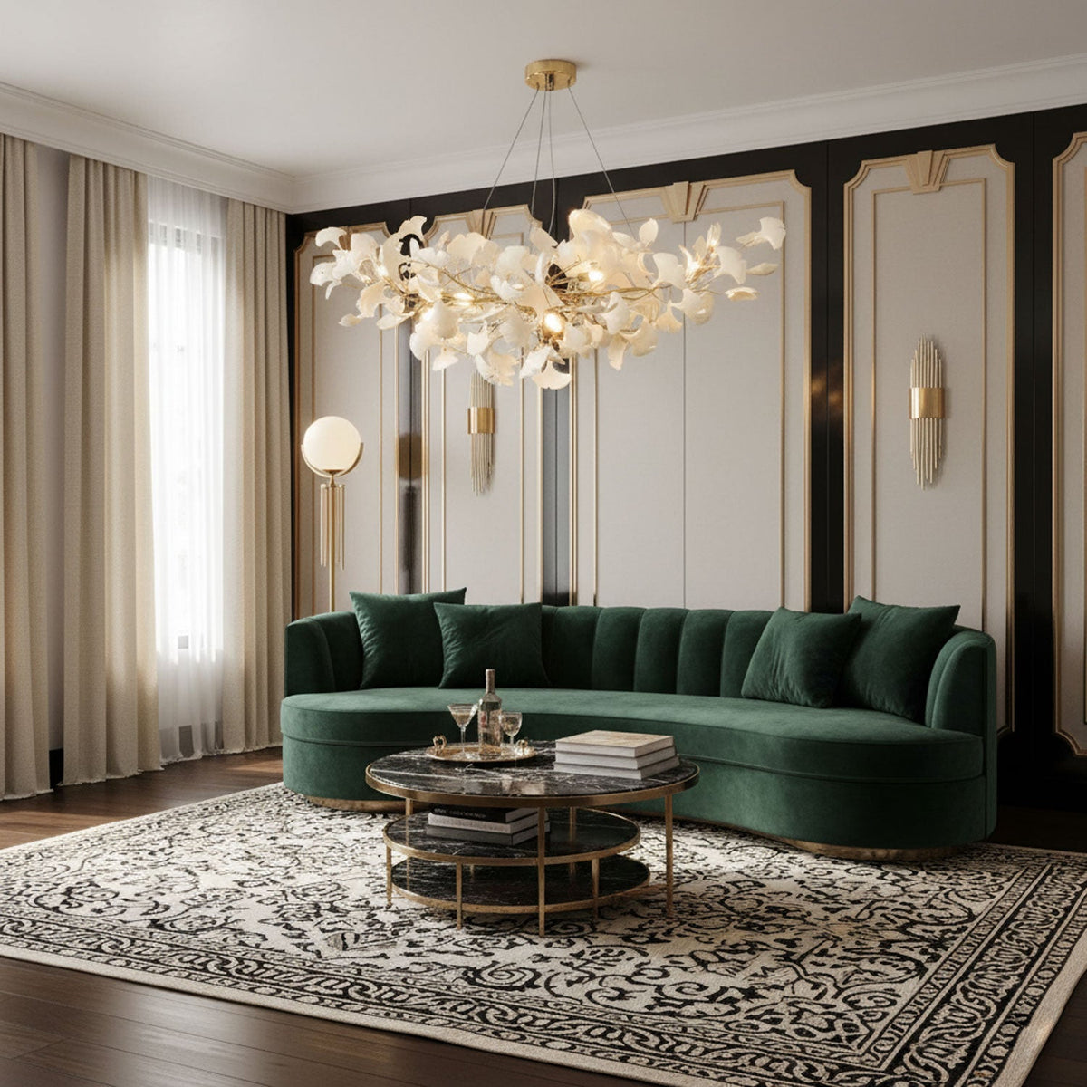 Kaori Leaf Chandelier, Ginkgo Leaf Design, 7 Sizes, Gold, Nickel, Black or White Finish