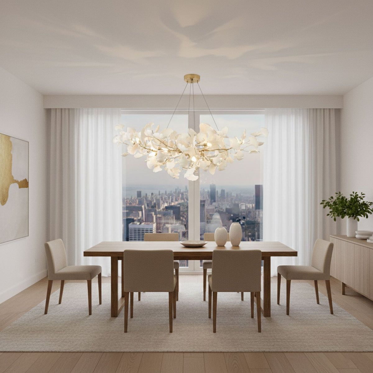 Kaori Leaf Chandelier, Ginkgo Leaf Design, 7 Sizes, Gold, Nickel, Black or White Finish