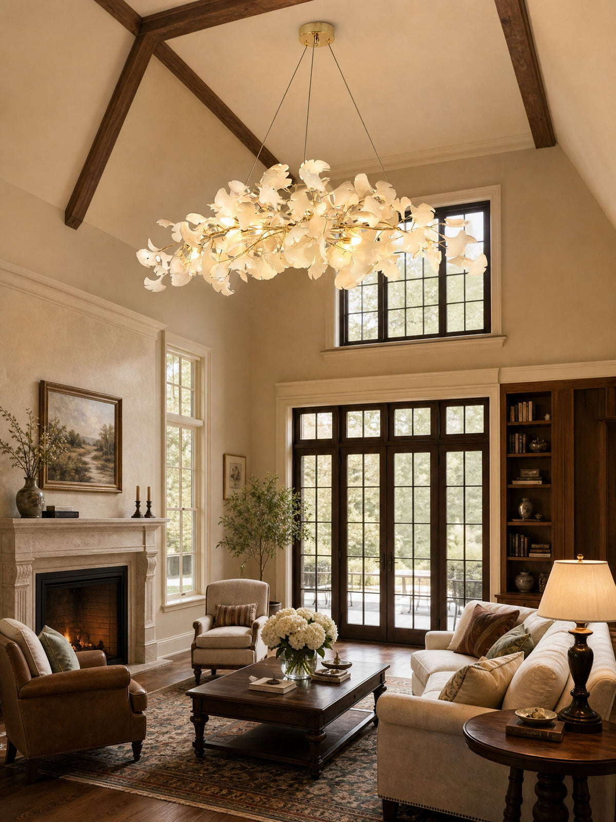 Sorin Modern Gold Chandelier, Ginkgo Leaf LED, Dimmable, White Leaves, Dining Room