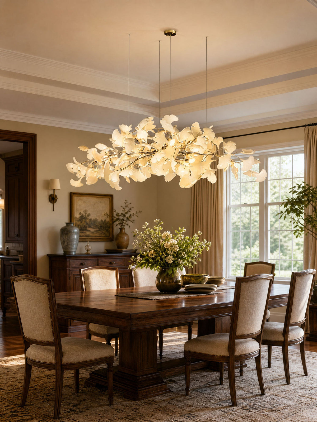Sorin Modern Gold Chandelier, Ginkgo Leaf LED, Dimmable, White Leaves, Dining Room