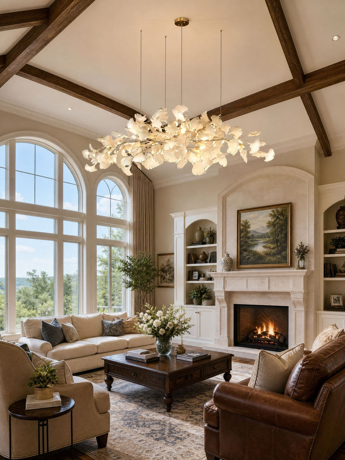 Sorin Modern Gold Chandelier, Ginkgo Leaf LED, Dimmable, White Leaves, Dining Room