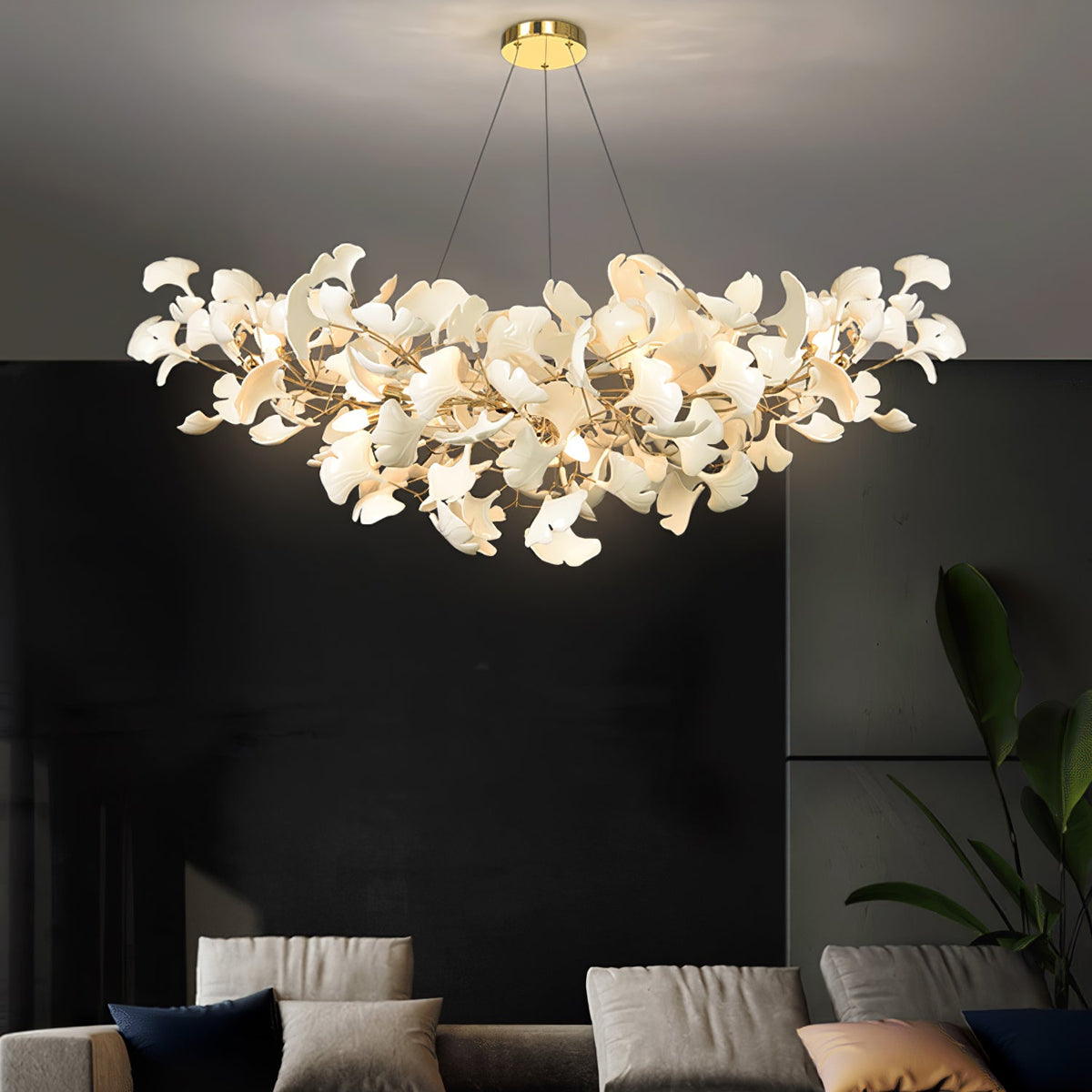 Kaori Leaf Chandelier, Ginkgo Leaf Design, 7 Sizes, Gold, Nickel, Black or White Finish