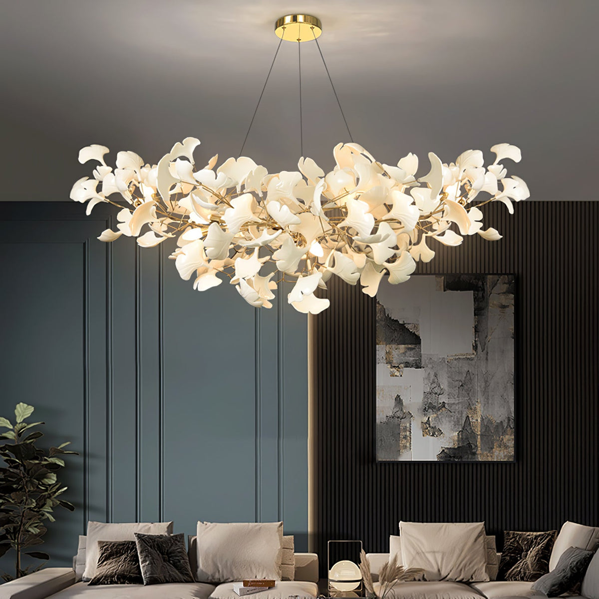 Kaori Leaf Chandelier, Ginkgo Leaf Design, 7 Sizes, Gold, Nickel, Black or White Finish