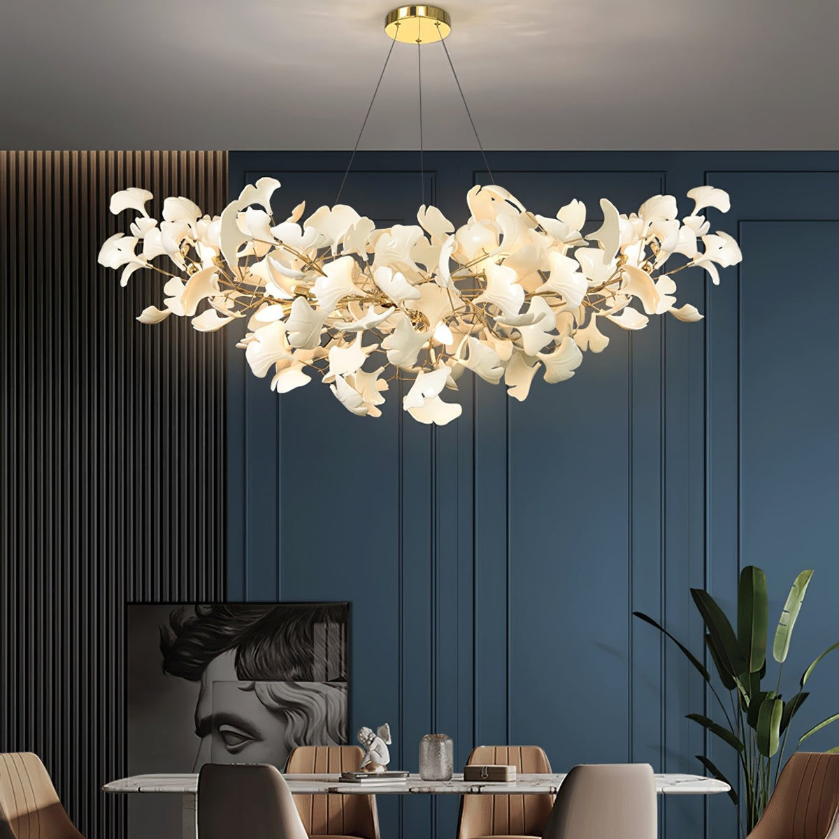 Kaori Leaf Chandelier, Ginkgo Leaf Design, 7 Sizes, Gold, Nickel, Black or White Finish