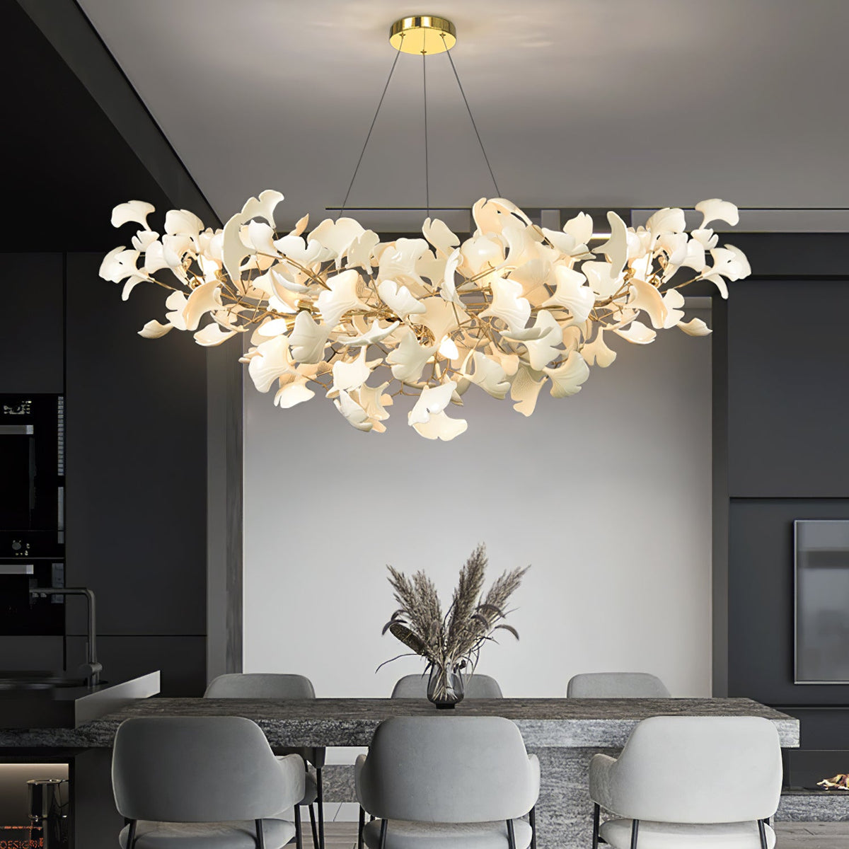 Kaori Leaf Chandelier, Ginkgo Leaf Design, 7 Sizes, Gold, Nickel, Black or White Finish