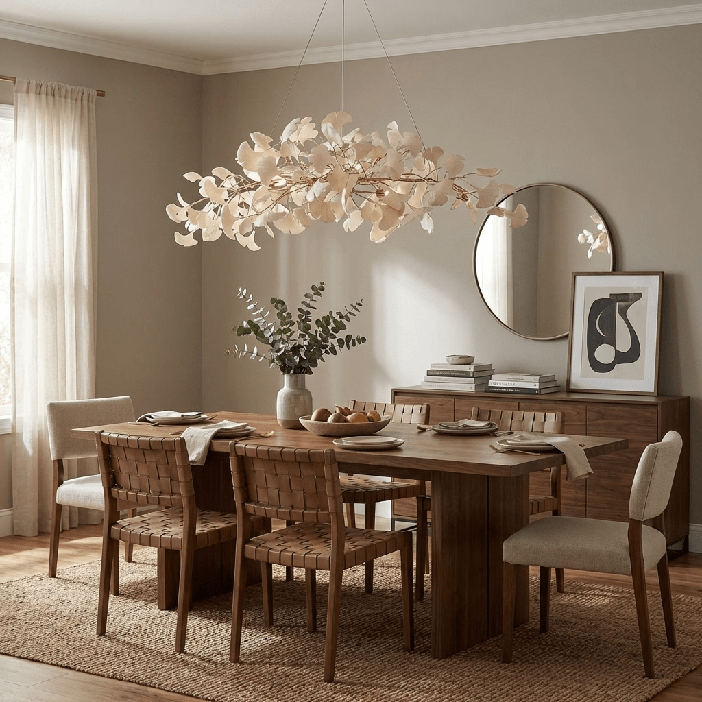 Sorin Modern Gold Chandelier, Ginkgo Leaf LED, Dimmable, White Leaves, Dining Room