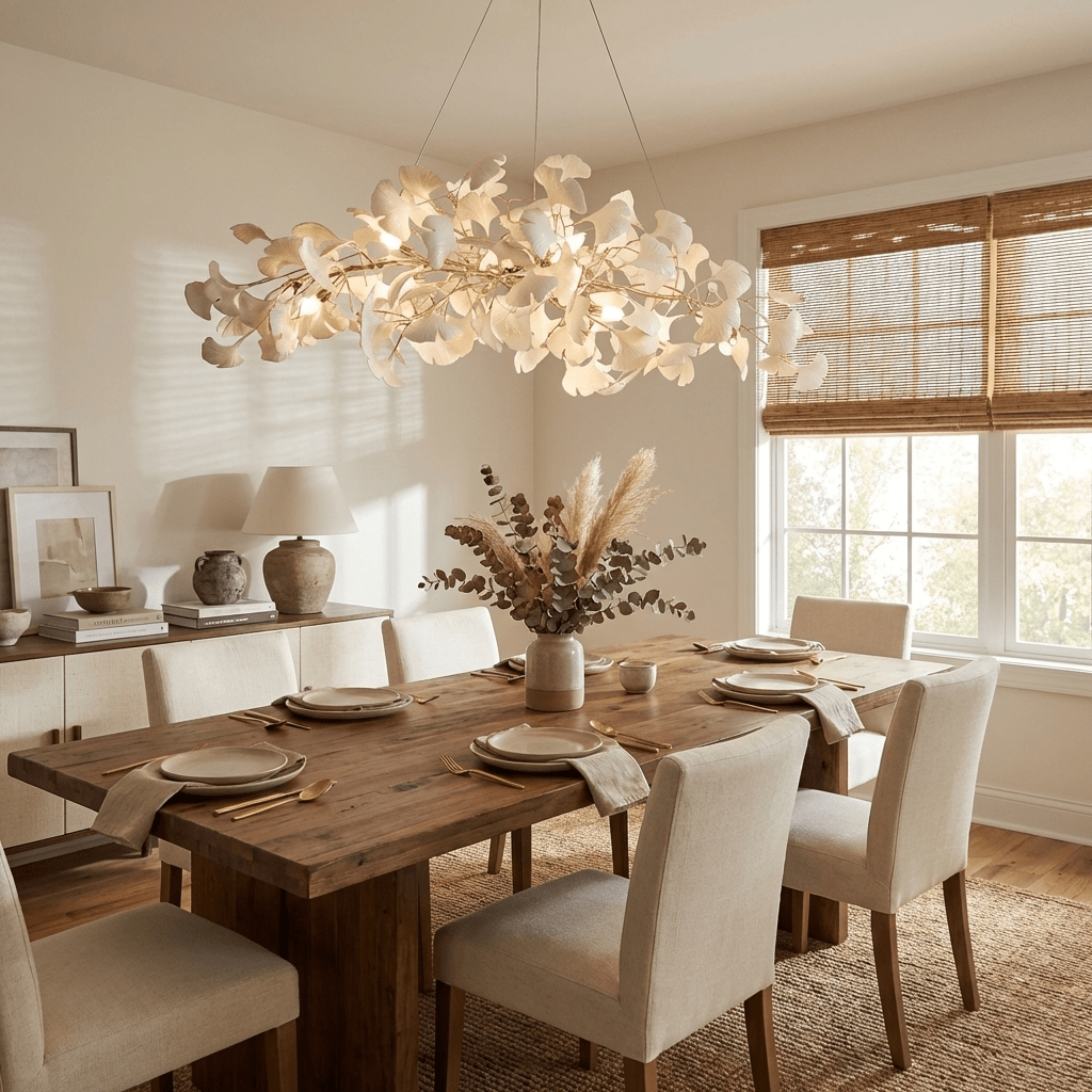 Sorin Modern Gold Chandelier, Ginkgo Leaf LED, Dimmable, White Leaves, Dining Room
