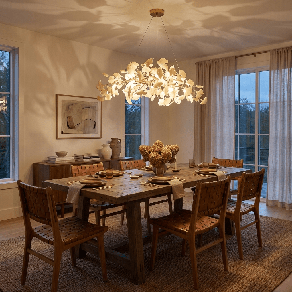 Sorin Modern Gold Chandelier, Ginkgo Leaf LED, Dimmable, White Leaves, Dining Room