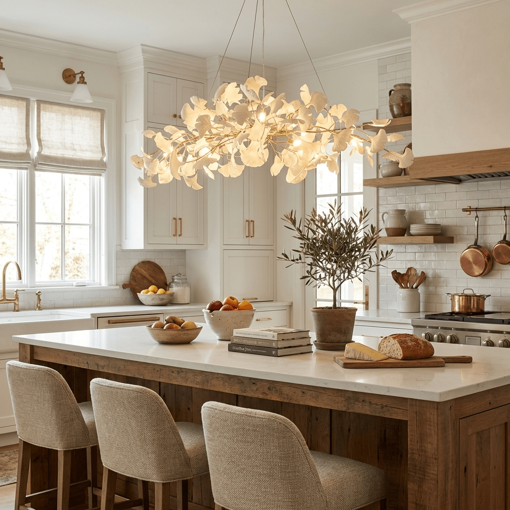 Sorin Modern Gold Chandelier, Ginkgo Leaf LED, Dimmable, White Leaves, Dining Room