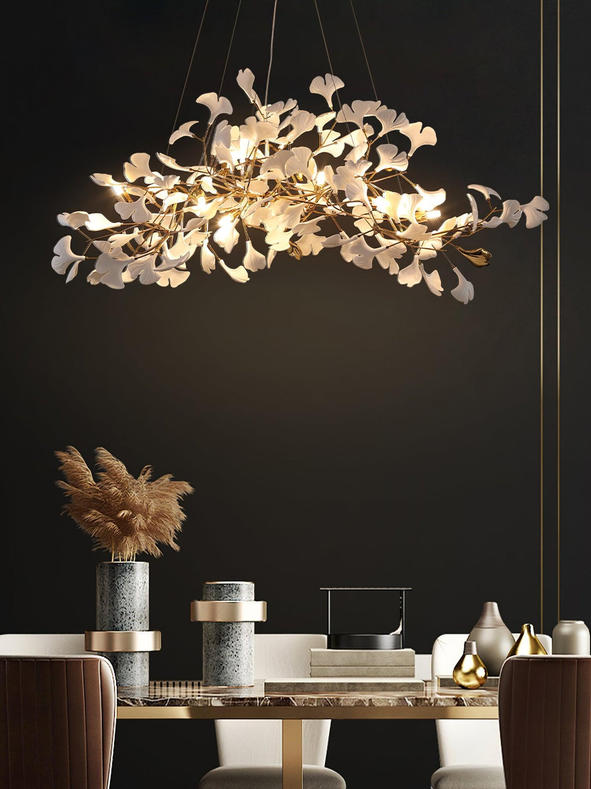 Sorin Modern Gold Chandelier, Ginkgo Leaf LED, Dimmable, White Leaves, Dining Room