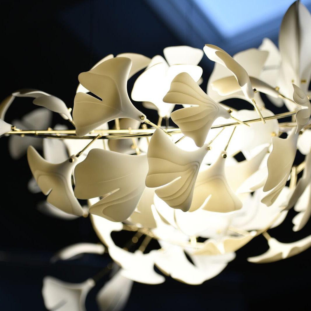 Sorin Modern Gold Chandelier, Ginkgo Leaf LED, Dimmable, White Leaves, Dining Room
