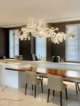 Sorin Modern Gold Chandelier, Ginkgo Leaf LED, Dimmable, White Leaves, Dining Room
