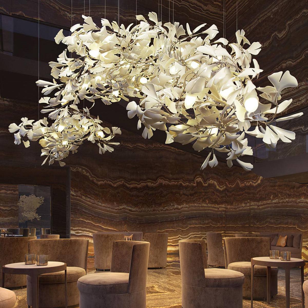 Kaori Leaf Chandelier, Ginkgo Leaf Design, 7 Sizes, Gold, Nickel, Black or White Finish