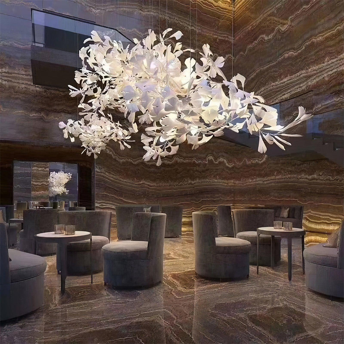 Kaori Leaf Chandelier, Ginkgo Leaf Design, 7 Sizes, Gold, Nickel, Black or White Finish