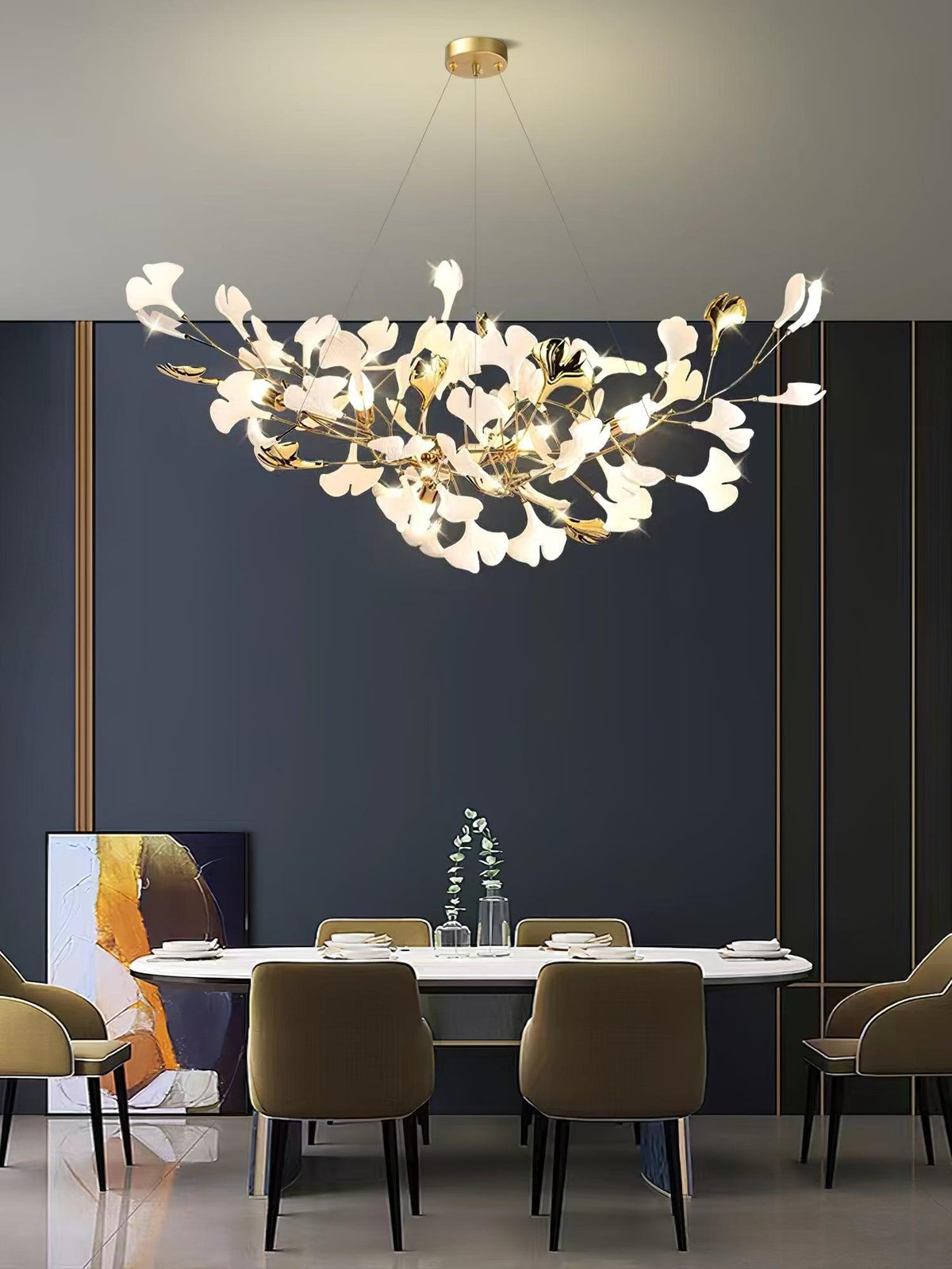 Kaori Leaf Chandelier, Ginkgo Leaf Design, 7 Sizes, Gold, Nickel, Black or White Finish